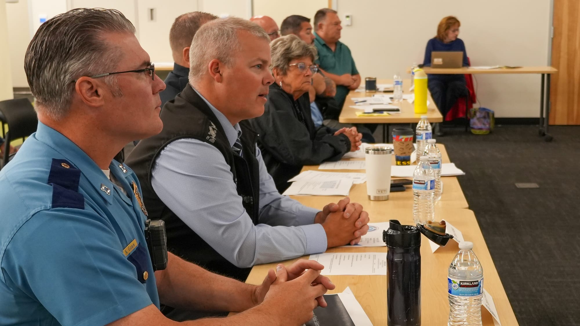 Officials from the Alaska Department of Public Safety, Wasilla, Houston and Palmer attend a public safety meeting in Wasilla