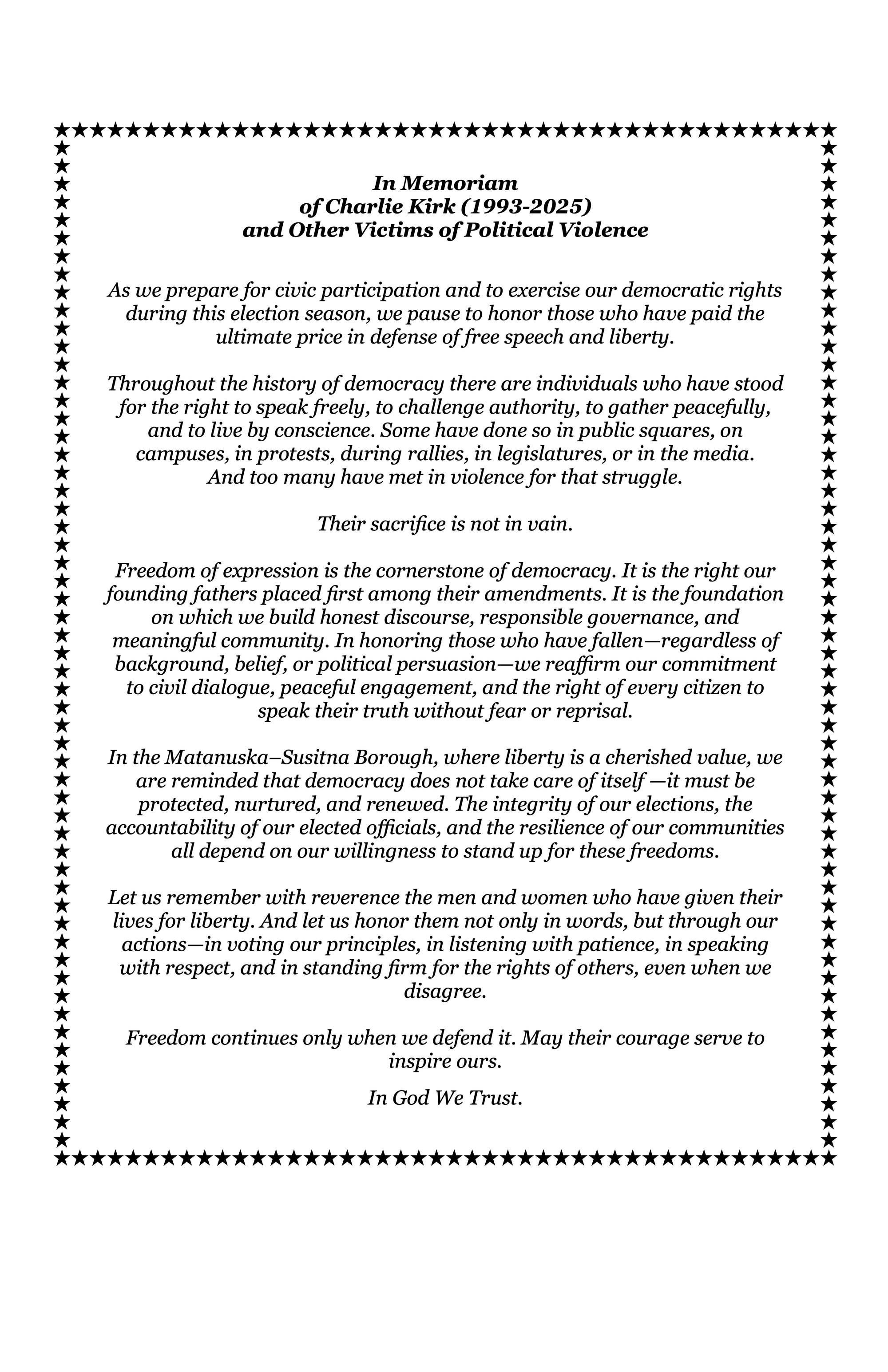 A memorial statement to Charlie Kirk is displayed on page two of the Mat-Su Borough's 2025 Election Brochure.