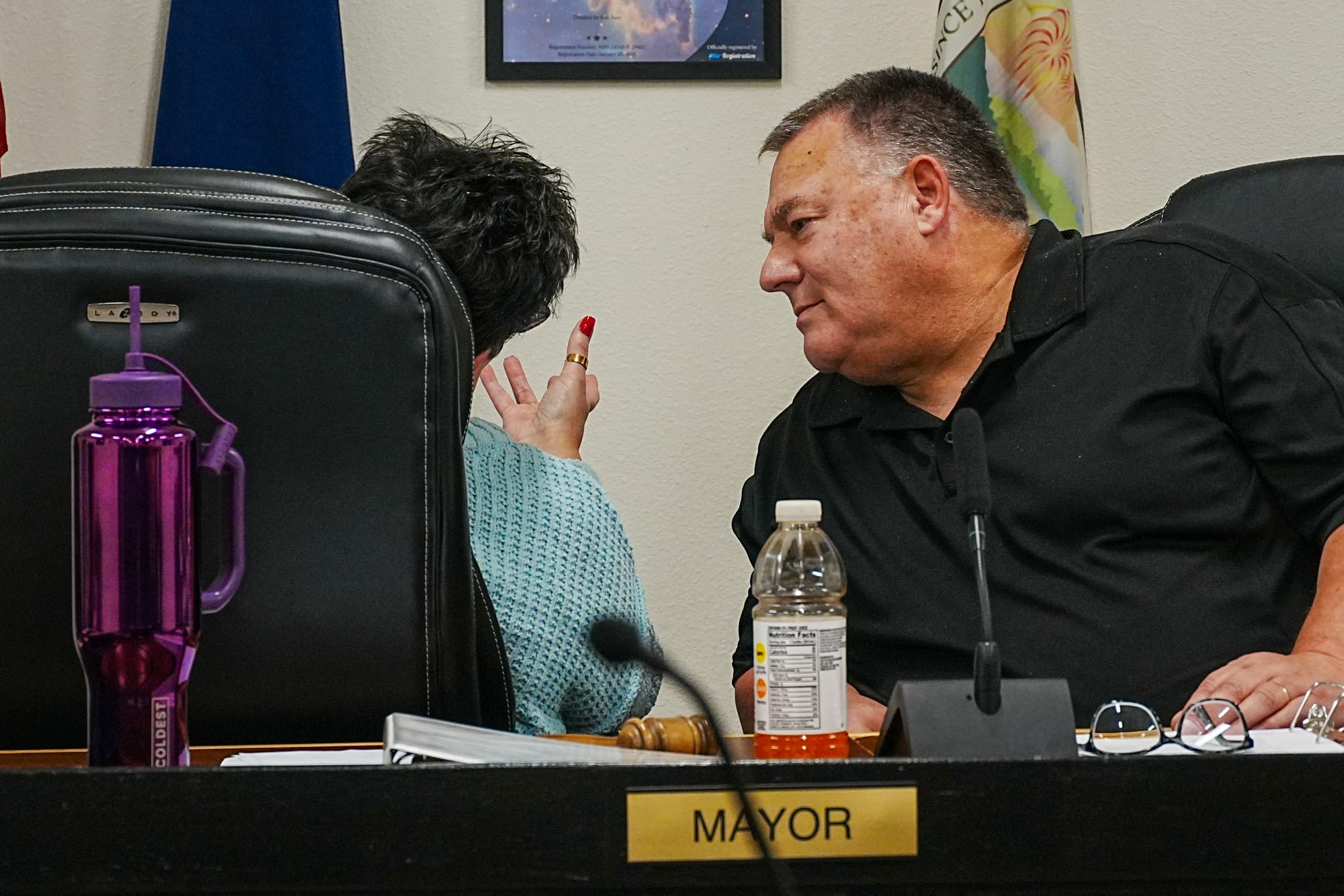Houston Mayor Carter Cole speaks with Clerk Tawni Schoneman