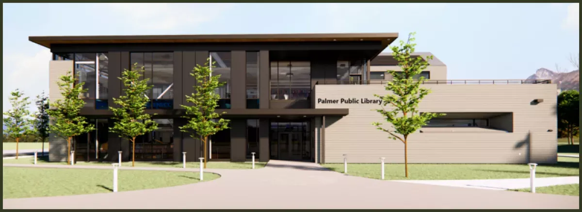 The front of the building viewed from the existing library parking lot