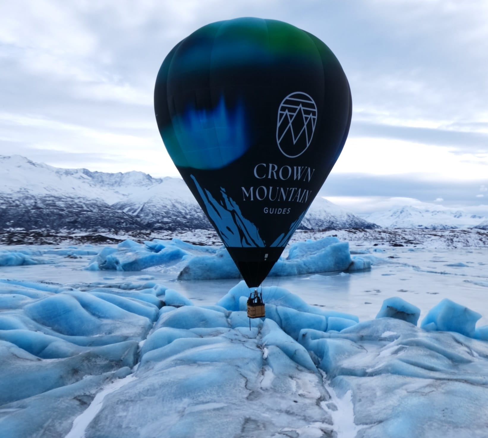 The hot air balloon takes off from near the Knik Glacier