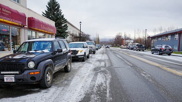 Cars park along Alaska Street in Palmer