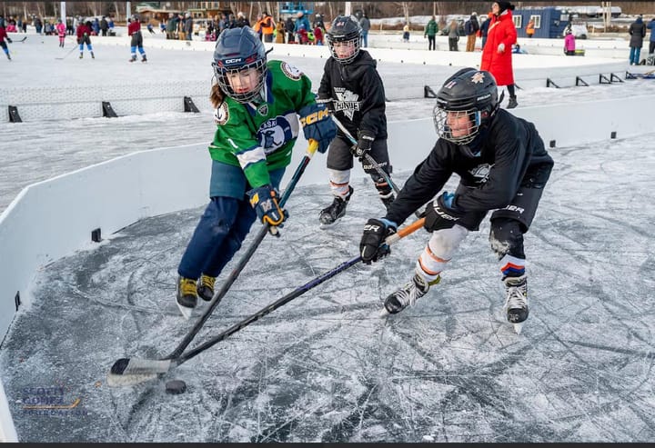 Young hockey players particiapte in the Last Frontier Pond Hockey Classic